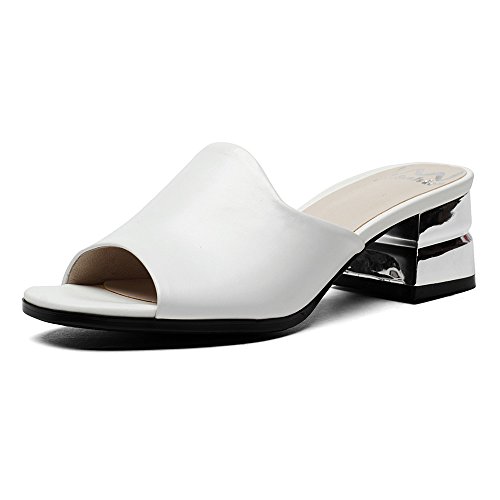 ANNIESHOE Peep Toe Leder Pantoletten Damen Comfort Sandalen Blockabsatz Sommer Weiß 23cm von ANNIESHOE