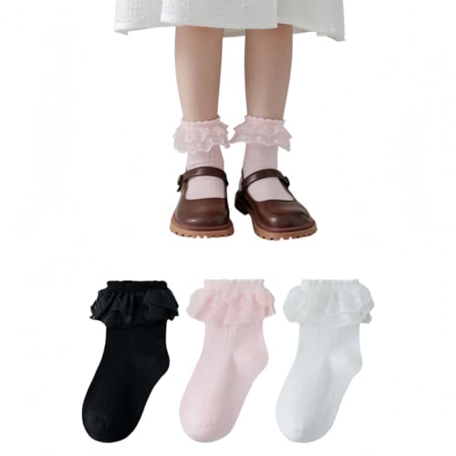 ANNIUP 3 Paare Mädchen Rüschen Socken,Prinzessinnen Spitzensocken Feinsöckchen Spitze Söckchen mit Rüschen Lolita Komfortsocken,Mädchen Rüschensocken,Baumwolle Kinder Knöchelsocken (A, 3-5 Jahre) von ANNIUP