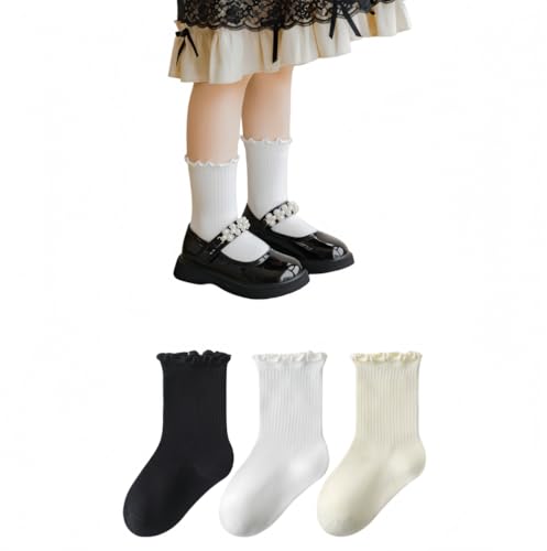 ANNIUP 3 Paare süße Mädchen Rüschensocken,Kinder Söckchen mit Rüschen,einfarbig Atmungsaktive Gestrickt Kindersocken Baumwollsocken,Lässig Knöchel Socken für Kleinkind Mädchen Kinder (25-28) von ANNIUP