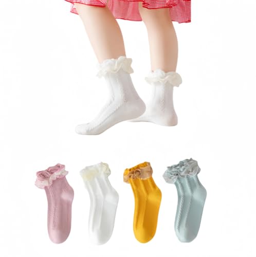ANNIUP 4 Paar Mädchen Spitze Rüschen Baumwolle Knöchelsocken,Mädchen Rüschen Socken Prinzessin Stil,rosa Spitze niedliche kindersocken Ballett Söckchen,Lolita Spitzensocken (B, 25-28) von ANNIUP