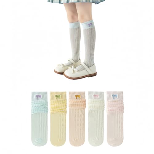 ANNIUP 5 Paar Mädchen Kniestrümpfe,Sommer Lange Kindersocken,Kleinkind Lange Baumwolle Säuglingssocken,Baby Schleife Strumpf,Strickgitter Overknees Strümpfe Socken (A) von ANNIUP