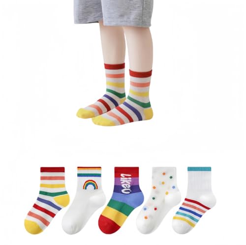ANNIUP 5 Paar Regenbogen Streifen Baumwollsocken,bunt gestreifte kindersocken,Kinder Junge Mädchen Sportsocken,Pride Kindersocken,Wadensocken Bunte,Lustige Designs Crew Socken (A, 3-5 Jahre) von ANNIUP