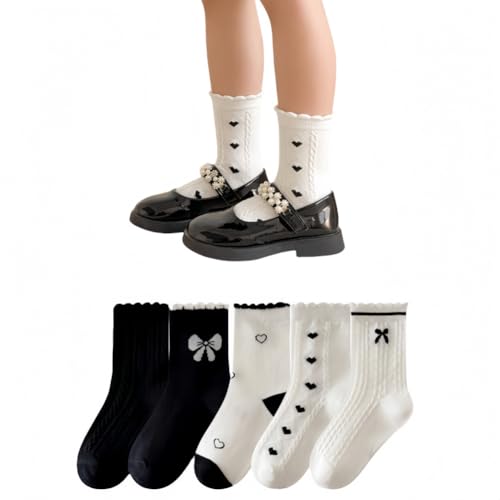 ANNIUP 5 Paare Mädchen Söckchen mit Schleifen Rüschen Schwarz Weiß,Gestreifte Herz Muster kindersocken,Mädchen Spitzensocken,Atmungsaktives Süße Muster Rüschensocken (A, 8-12 Jahre) von ANNIUP