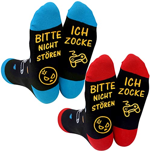 ANOTION Lustige Socken, Gaming Socken Mit Spruch Bitte Nicht StÖren Ich Zocke Neuheit Baumwollsocken Gamer Knöchel Socken Rutschfeste Haussocken Wintersocken Geschenk Für Damen Herren Lange Socken von ANOTION