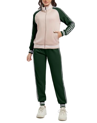 ANOTWENER Damen Streifen Trainingsanzüge 2 Stück Lounge Outfits Zip Up Sweatshirt und Sweatpants Trainingsanzug Set mit Taschen Grün JW-3006-S von ANOTWENER