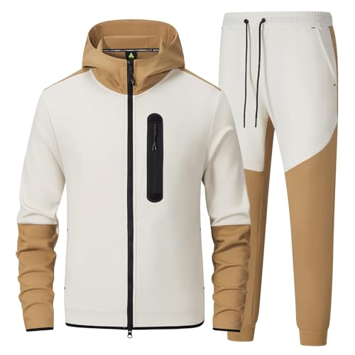 ANOTWENER Herren lässig Hoodie 2 Stück Trainingsanzug Sets voller Reißverschluss Trainingsanzug Jogger Hose laufen Set Sport Outfit Beige ATM-180-S von ANOTWENER