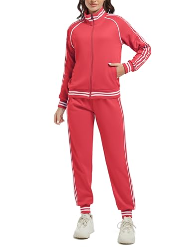 ANOTWENER Trainingsanzug Sets für Frauen Zweiteiliges Outfit Langarm Streifen Sport Jacke Sweatpants Workout Athletic Sweatsuit Rot JW-3005-M von ANOTWENER