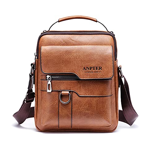 ANPTER Umhängetasche PU Leder Herren Schultertasche Herrentasche Shoulder Bag Seitentasche Crossbody Vintage Handytasche Messenger Bag Umhängen Tasche Man Bag (Braun Schultertaschen) von ANPTER