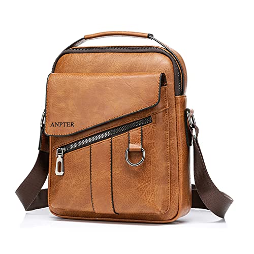 Herren Umhängetasche Vintage Umhängetasche Leder Kleine Shoulder Bag Crossbody Business Schulranzen Umhängetasche Handtasche für Sport Reisen Arbeit, Marron Homme Sacs Bandoulière, L von ANPTER