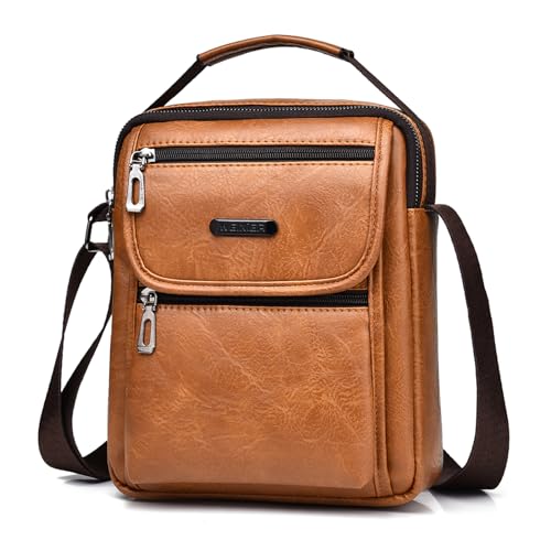 Umhängetasche Herren Leder Vintage Shoulder Bag Crossbody Business Schulranzen Tasche Handtaschen für iPad, iPhone, Sport, Reisen, Arbeit, Braune Umhängetaschen, L, Modisch von ANPTER