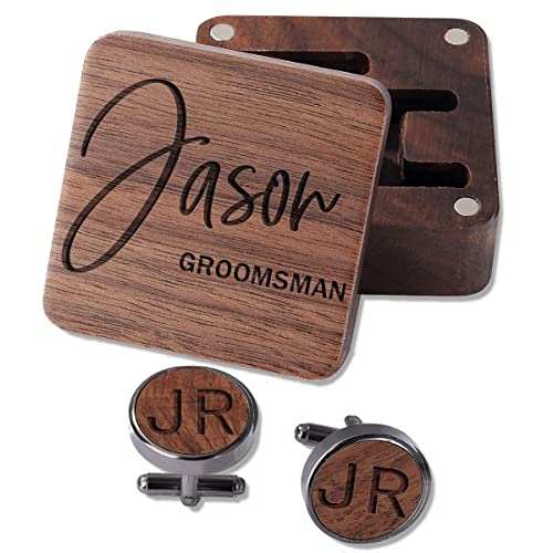 ANQIYI Personalisierte Hochzeit Manschettenknöpfe für Bräutigam Trauzeuge, Schwarze Holz Manschettenknöpfe für Männer, Geschenke für Papa Ehemann mit Box, Brauch Name Datum Text von ANQIYI