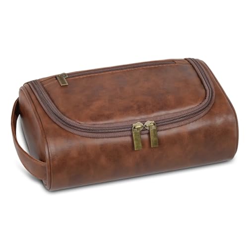 Reise Kulturbeutel Reise Kulturbeutel for Frauen Männer Retro PU Leder Kosmetiktaschen Weibliche wasserdichte Reise Make-Up Tasche(Red Brown) von ANQKYO