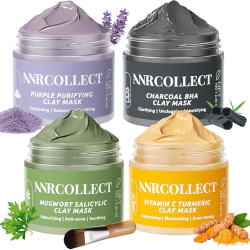 ANRCOLLECT 4er-Pack Tonerde-Gesichtsmasken Set für Damen – Hautpflege-Set mit Vitamin C + Aktivkohle + Beifuß + Lila-Tonerde-Maske | Porenverfeinerung & Tiefenreinigung (Geschenkverpackung) von ANRCOLLECT