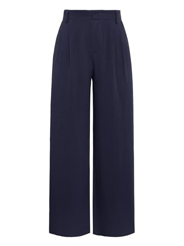 ANRILITA Leinenhose für Damen, hohe Taille, lässig, fließend, Sommerhose mit weitem Bein, mit Tasche, Marineblau, X-Groß von ANRILITA