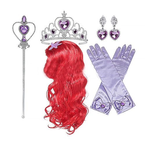 ANROI Verwandeln Sie sich eine Meerjungfrau mit unserer Halloween-Kostümperücke - Rote lange gewellte Prinzessinnenperücke mit Tiara und Zauberstab Paar Handschuhe und Ohrringe von ANROI