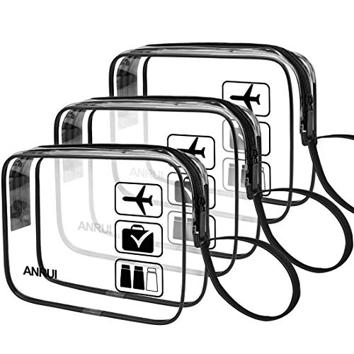 ANRUI 3 Stück TSA-zugelassen Durchsichtige Reise-Kulturtasche, Kulturbeutel Transparent Handgepäck zum Transport von Flüssigkeiten, Kosmetiktasche Toilettentasche für Damen Herren, Schwarz von ANRUI