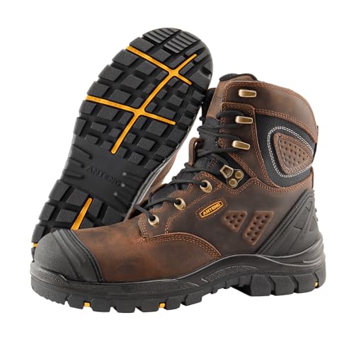 ANTENG Arbeits- und Sicherheitsschuhe für Herren, Arbeitsstiefel mit Verbundkappe, rutschfest, wasserdicht, antistatisch, durchstichfest, mit 2 PU-Einlegesohlen für Arbeitssicherheit, Braun, 44 EU ANTENG Arbeits- und Sicherheitsschuhe für Herren, Arbeitsstiefel mit Verbundkappe, rutschfest, wasserdicht, antistatisch, durchstichfest, mit 2 PU-Einlegesohlen für Arbeitssicherheit, Braun, 44 EU von ANTENG