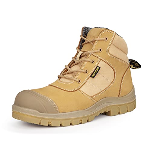 ANTENG Herren Arbeitsstiefel Nubukleder Stahlkappe Arbeitsschuhe YKK Reißverschluss 15.2 cm SD Anti-Punktion (AT501, Weizen), Weizen, 46 EU von ANTENG