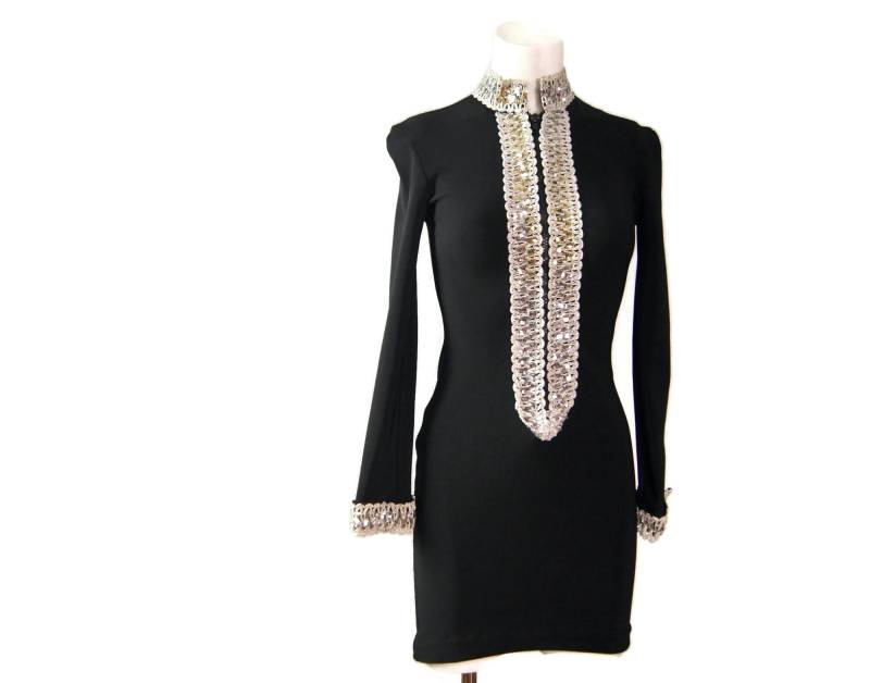 Vintage 4-U Design Team Schwarz Langarm Kleid Pailletten Mini von ANTIGOs