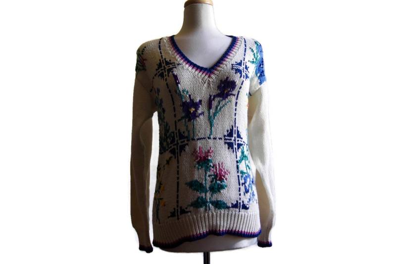 Vintage Blumen Pullover Hand Stricken Von J. Christopher Frauen Medium Baumwolle V-Neck von ANTIGOs