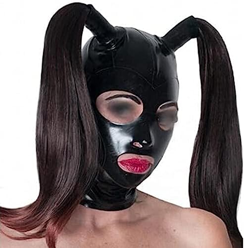 Schwarze Latexhaube Mit Doppeltem Schwarzem Pferdeschwanz, Perücke, Reißverschluss Hinten, Gummimaske, Cosplay-Party,Mit Blonder Perücke,Größe Anpassen von ANTIY