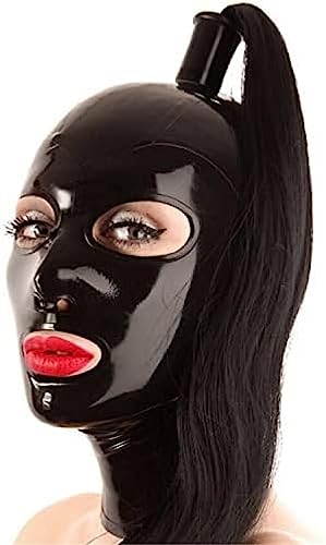 Schwarze Latexhaube Mit Schwarzer Pferdeschwanz-Perücke, Reißverschluss Hinten, Gummimaske, Party,Mit Blonder Perücke,Klein von ANTIY