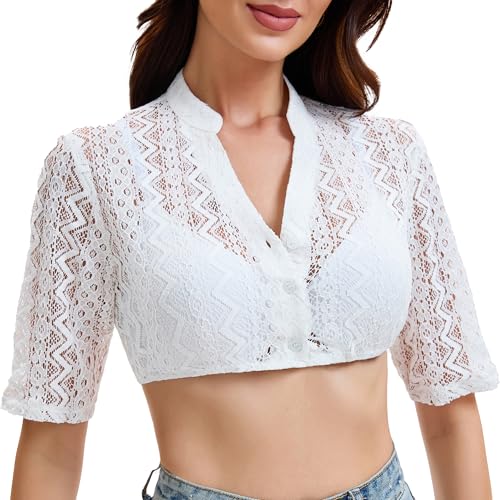 ANTLOOWW Dirndl Bluse Damen Weiß Spitze Trachtenblusen Hohle V-Ausschnitt Dirndlblusen Elegante Kurzarm Bluse Oktoberfest Tops. (DE/NL/SE/PL, Alphanumerisch, XL, Regular, Regular, Weiß) von ANTLOOWW