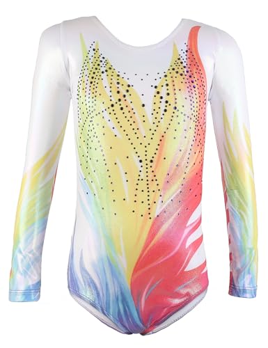 ANTLOOWW Gymnastikanzug Mädchen Langarm Kinder Turnanzug Farbverlauf Gymnastik Trikot Glitzernde Ballett Tanzbekleidung Training Leotard für 3-12 Jahre (Gelb, 110) von ANTLOOWW