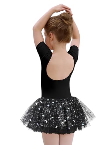 ANTLOOWW Kinder Ballettkleidung Mädchen Ballettkleid Pailletten Baumwolle Ballettanzug Tanzkleid Kurzarm Ballett Trikot Ballett Tütü mit Rock 2-11 Jahre (DE/NL/SE/PL, Numerisch, 130, Regular, schwarz) von ANTLOOWW