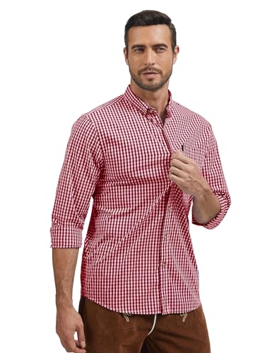ANTLOOWW Trachtenhemd Herren Kariertes Hemd Baumwolle Trachtenhemden Langarm Oktoberfest Hemd Größe XS-3XL (DE/NL/SE/PL, Alphanumerisch, L, Regular, Regular, Rot) von ANTLOOWW