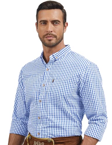 ANTLOOWW Trachtenhemd Herren Kariertes Hemd Baumwolle Trachtenhemden Langarm Oktoberfest Hemd Größe XS-3XL (DE/NL/SE/PL, Alphanumerisch, M, Regular, Regular, Hellblau) von ANTLOOWW
