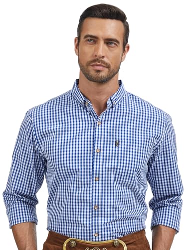 ANTLOOWW Trachtenhemd Herren Kariertes Hemd Baumwolle Trachtenhemden Langarm Oktoberfest Hemd Größe XS-3XL (DE/NL/SE/PL, Alphanumerisch, XXL, Regular, Regular, Dunkelblau) von ANTLOOWW