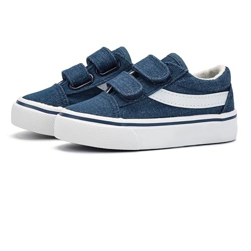 ANTLULU Jungen und Mädchen Segeltuchschuhe Dual Adjustable Hook and Loop Classic Low Top Kids Sneakers, Marineblaue Jeans, 5 Toddler von ANTLULU