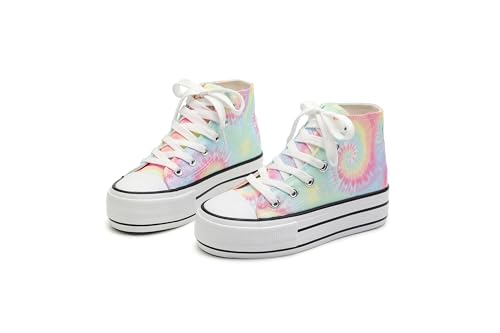 ANTLULU Mädchen Plateau Canvas Schuhe Low Top und High Top Canvas Sneakers Schnürer Mode Freizeitschuhe für Mädchen, Batik, 12.5 Big Kid von ANTLULU
