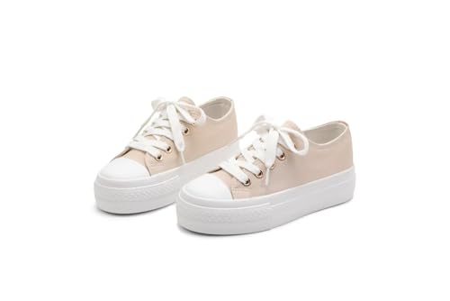 ANTLULU Mädchen Plateau Canvas Schuhe Low Top und High Top Canvas Sneakers Schnürer Mode Freizeitschuhe für Mädchen, Beige, 12.5 Big Kid von ANTLULU