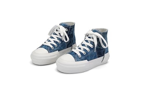 ANTLULU Mädchen Plateau Canvas Schuhe Low Top und High Top Canvas Sneakers Schnürer Mode Freizeitschuhe für Mädchen, Blue Jeans, 3.5 Big Kid von ANTLULU