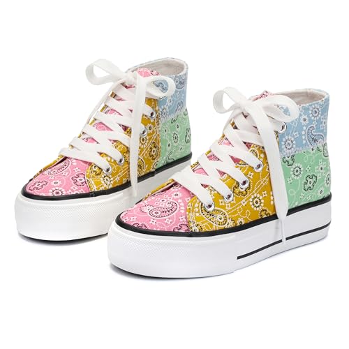 ANTLULU Mädchen Plateau Canvas Schuhe Low Top und High Top Canvas Sneakers Schnürer Mode Freizeitschuhe für Mädchen, Blume, 13 Big Kid von ANTLULU