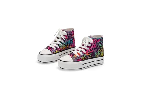 ANTLULU Mädchen Plateau Canvas Schuhe Low Top und High Top Canvas Sneakers Schnürer Mode Freizeitschuhe für Mädchen, Leopard, 13 Big Kid von ANTLULU