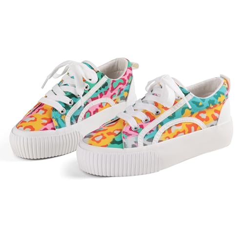 ANTLULU Mädchen Plateau Canvas Schuhe Low Top und High Top Canvas Sneakers Schnürer Mode Freizeitschuhe für Mädchen, Leopard/Weiß, 12.5 Big Kid von ANTLULU