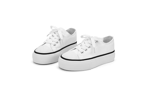 ANTLULU Mädchen Plateau Canvas Schuhe Low Top und High Top Canvas Sneakers Schnürer Mode Freizeitschuhe für Mädchen, Weiss/opulenter Garten, 12.5 Big Kid von ANTLULU