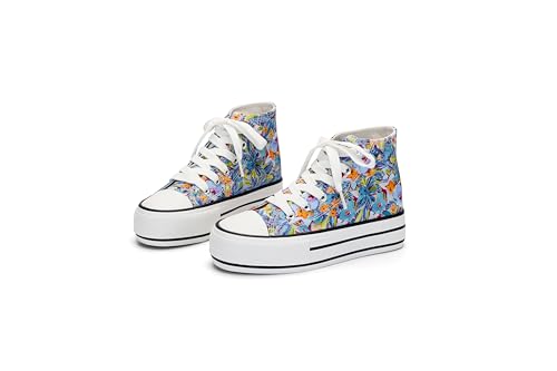 ANTLULU Mädchen Plateau Canvas Schuhe Low Top und High Top Canvas Sneakers Schnürer Mode Freizeitschuhe für Mädchen, blaue blume, 3 Big Kid von ANTLULU