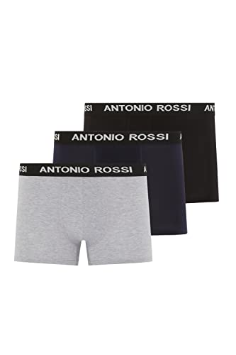 ANTONIO ROSSI (3/6er-Pack) Boxershorts Herren - Unterhosen Männer Multipack mit Elastischem Bund - Baumwollreich, Bequeme Herrenunterwäsche, Schwarz, Grau, Marineblau mit Weißer Schrift (3er-Pack), XL von ANTONIO ROSSI