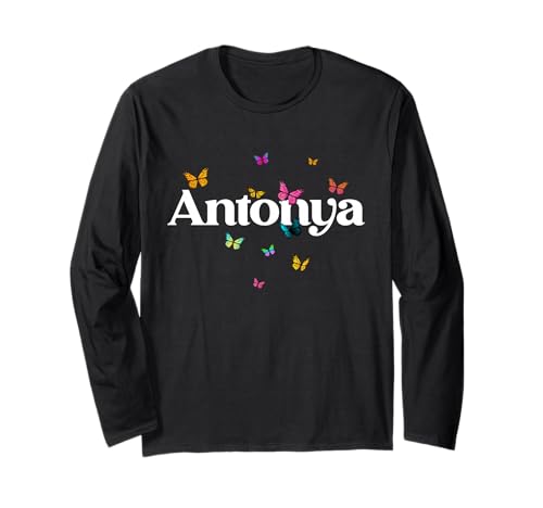 ANTONYA - Schöner Mädchen Name mit bunten Schmetterlingen Langarmshirt von ANTONYA Tochter Enkel Geburtstag Geschenkideen