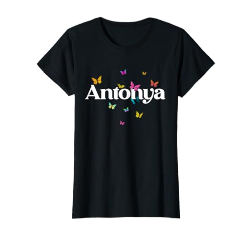ANTONYA - Schöner Mädchen Name mit bunten Schmetterlingen T-Shirt von ANTONYA Tochter Enkel Geburtstag Geschenkideen
