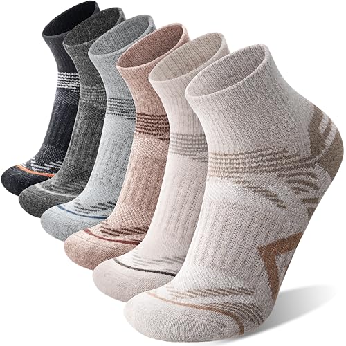 ANTSANG 6 Paar Merino Wolle Ankelsöckchen für Laufen Wandern Gehen Arbeiten Atmungsaktiv Thermisch Warm Dick Gepolstert Socken Viertelsöckchen für Herren Damen(36-42, Braune Kombination) von ANTSANG