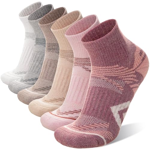 ANTSANG 6 Paar Merino Wolle Ankelsöckchen für Laufen Wandern Gehen Arbeiten Atmungsaktiv Thermisch Warm Dick Gepolstert Socken Viertelsöckchen für Herren Damen(42-46, Pinkserie) von ANTSANG