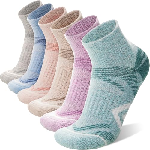 ANTSANG 6 Paar Merino Wolle Ankelsöckchen für Laufen Wandern Gehen Arbeiten Atmungsaktiv Thermisch Warm Dick Gepolstert Socken Viertelsöckchen für Herren Damen(36-42, Helle Farbenkombination) von ANTSANG