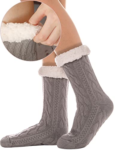 Damen Kuschelsocken Stoppersocken Warme Hüttensocken ABS Rutschsichere Weihnachtssocken Damen Dicke Kuschelsocken Geschenke für Frauen Weihnachten Flauschig Christmas Socks Winter Socken(Grau) von ANTSANG