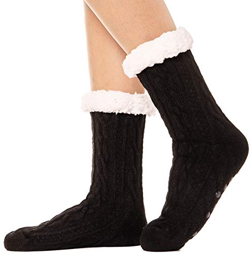 ANTSANG Damen Kuschelsocken Stoppersocken Warme Rutschsichere Hüttensocken Dicke Hausschuhe Socken Flauschig Geschenk Winter Weihnachtssocken (Schwarz) von ANTSANG