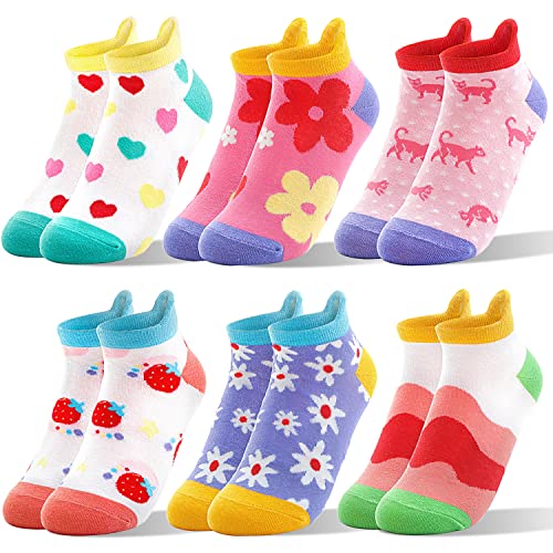 ANTSANG Kinder Lustige Socken Mädchen Sneaker Socken Kurze Einhorn Blume Kindersocken Bunte Cartoon Baumwolle Kleinkind Geschenke Socken 6 Paare (Blume, 5-8 J) von ANTSANG